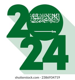 Happy New Year 2024, long shadow banner with Saudi Arabia flag inside. Vector illustration.