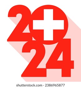 Happy New Year 2024, long shadow banner with Switzerland flag inside. Vector illustration.