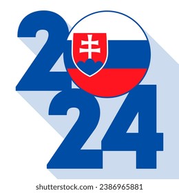 Happy New Year 2024, long shadow banner with Slovakia flag inside. Vector illustration.