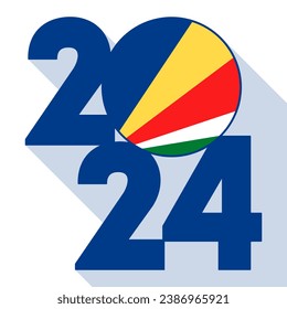 Happy New Year 2024, long shadow banner with Seychelles flag inside. Vector illustration.