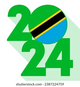 Happy New Year 2024, long shadow banner with Tanzania flag inside. Vector illustration.