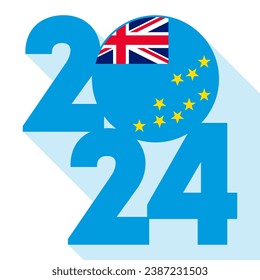 Happy New Year 2024, long shadow banner with Tuvalu flag inside. Vector illustration.