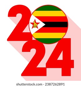 Happy New Year 2024, long shadow banner with Zimbabwe flag inside. Vector illustration.