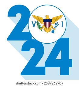 Happy New Year 2024, long shadow banner with Virgin Islands flag inside. Vector illustration.