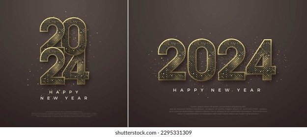 Happy new year 2024. With luxury shiny gold halftone numbers. Premium vector design for greeting and celebration of happy new year 2024.