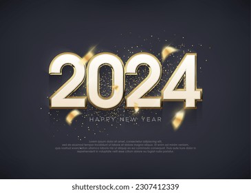 Happy new year 2024 with luxury gold glitters numbers illustration.