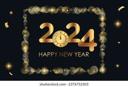 Happy New Year 2024 Luxury and Elegant Design. Vector illustration of golden 2024 logo numbers with clock on black background. Perfect typography for happy new year and Christmas celebration design.