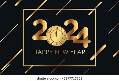 Happy New Year 2024 Luxury and Elegant Design. Vector illustration of golden 2024 logo numbers with clock on black background. Perfect typography for happy new year and Christmas celebration design.