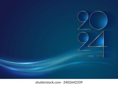 Bonne année 2024, luxueux numéraux fins dorés et design d'ondes brillantes sur fond bleu. Numéro de Joyeux Joyeux Joyeux Joyeux Noël, logo de feuille Dorée, carte de voeux. Image vectorielle Symbole Premium isolé, espace pour copie pour texte