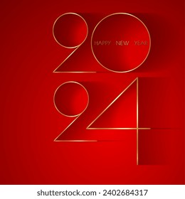 Happy new year 2024 luxury golden thin numerals and shiny design on red background. Happy Holyday number, Gold foil logo, greeting card. Vector Premium symbol isolated, copy space for text