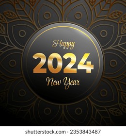 Happy new year 2024 with mandala background gold color, suitable for greeting card, poster, est