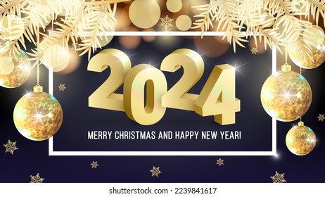 Happy New Year 2024 and Merry Christmas gold design template with 3D golden number, gold spruce branches and Christmas balls on shiny bokeh background. Vector greeting card concept for web, print, ad