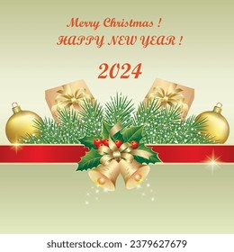 Happy New Year 2024. Merry Christmas background. Greeting card with gift boxes, bells on fir branches with decorative ribbon and bells. Holiday banner, web poster, greeting card. vector illustration