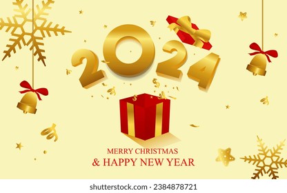 Happy New Year 2024 and Merry Christmas Greeting Card Banner in gold color