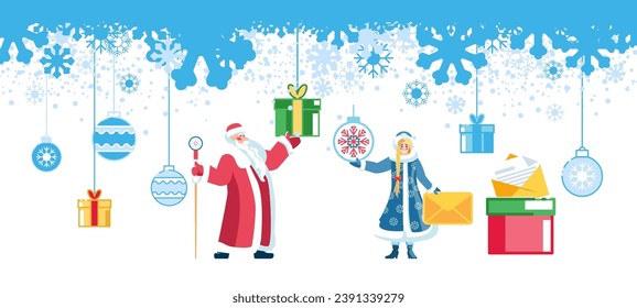 Happy new year 2024. New Year and Merry Christmas holiday gifts. The Snow Maiden and Santa Claus are holding greeting cards and New Year's toys. Banner, Elements for calendar. Vector illustration