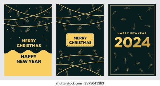 Happy New Year 2024 and Merry Christmas concept background set. With dominant black and yellow color. Art design for card, poster, cover, banner, decoration