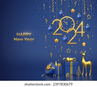 Happy New Year 2024. Merry christmas card. Hanging golden metallic numbers 2024, stars, balls, confetti. Watch with Roman numeral countdown midnight. Gift boxes, gold deer, fir, spruce trees. Vector.