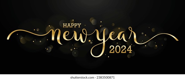HAPPY NEW YEAR 2024 metallic gold vector brush calligraphy banner on black background