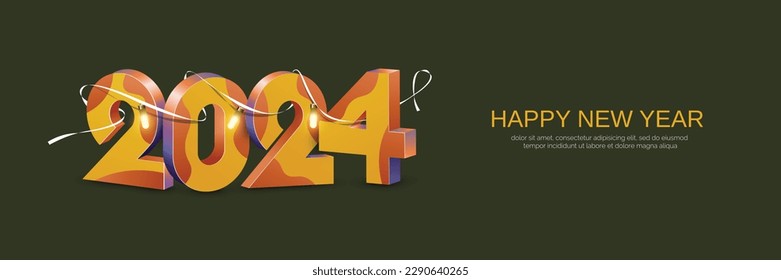 Happy new year 2024 with modern 3D and ribbon on the number. 2024 new year celebration banner