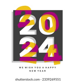 Happy New Year 2024 modern black negative space numbers in middle and colorful in front and back overlaped numbers on white background