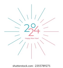 Happy New Year 2024. Modern abstract greeting card. Symbolic logo of 2024 inside a stylized firework, snowflake, sun. Minimal joyful flat design template. Vector illustration