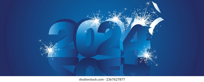 Happy New Year 2024, modern design, with 3D blue exploding glitter fireworks 2024 and mirror shadow 2024 in the background