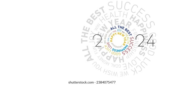 Happy New Year 2024 modern ring circle wheel grey and colorful word cloud text on white background. 2024 New Year greeting card