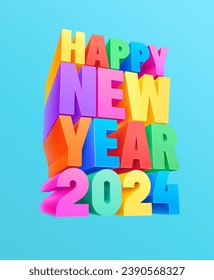 Feliz Año Nuevo 2024. Diseño de letras coloridas y modernas. Grandes letras 3D sobre fondo azul. La imagen fue creada sin el uso de ninguna forma de IA.