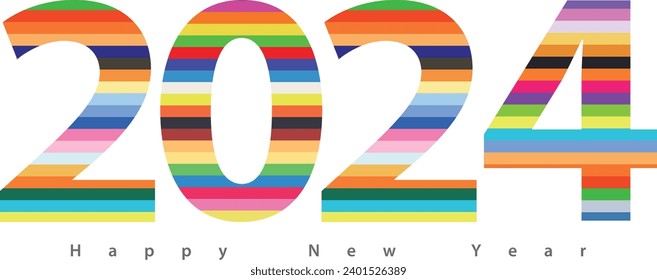 happy new year 2024 multi horizontal bar colors, 2024 vector illustration, isolated on white background.