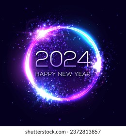 Happy New Year 2024 neon light sign. Holiday greeting card or banner design. Electric celebration circle ball with text star sparkle. Festive New Year 2024 night club sign. Vector holiday illustration