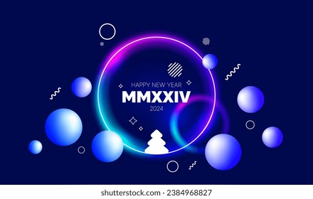 Happy New Year 2024 Neon light circle frame background. Abstract cosmic vibrant color banner. 2024 roman numerals. Creative poster of MMXXIV new year card. Christmas tree in a ball. Vector