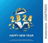Happy new year 2024. number on open give box on blue square background