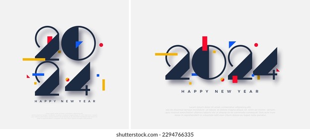 Happy new year 2024 number, greeting and celebration of happy new year with unique numbers and colorful objects. Premium vector design for calendar 2024.