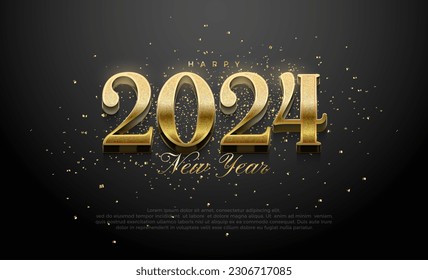 Happy new year 2024 number. With luxury gold 3d number with shiny gold glitter. Premium design vector happy new year greeting.