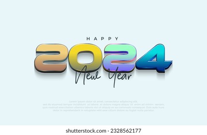 Feliz año nuevo 2024 número con números vivos y modernos y coloridos. Diseño portador premium feliz año 2024 para afiches, banner, calendario y más.