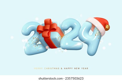 Happy New Year 2024 Number. Symbols realistic cartoon 3d render with blue gift box. Christmas decoration. Celebrate party sign 2024. Xmas Poster, banner, cover card, brochure, flyer, layout design