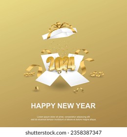 Happy new year 2024. number on open give box on square background. happy new year 2024