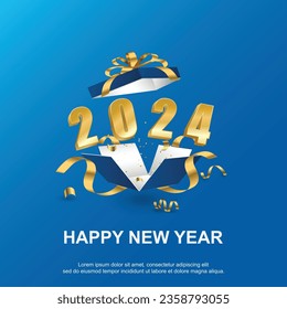 Happy new year 2024. number on open give box on blue square background