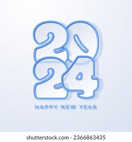 Happy New Year 2024 Happy Year number in transparent soft style with rounded edges and frosted glass.