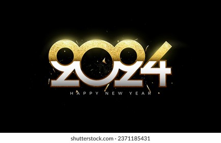 Happy new year 2024 number with shiny luxury gold glitter. Premium vector design for happy new year 2024 celebration.