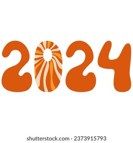 Happy new year 2024 number design in groovy style. Trendy background for branding, banner, cover, card