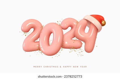 Frohes Neujahr 2024 Symbole realistische Cartoon 3D-Darstellung mit rotem Hut santa. Weihnachtsdekoration. Feiern Sie das Partyrosa-Zeichen 2024. Weihnachtsbanner, Deckenkarte, Broschüre, Flyer, Layout-Design