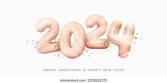 Happy New Year 2024. Number Realistic cartoon 3d render beige stone marble plastic style texture. Christmas decoration. Celebrate sign 2024. Xmas Poster, banner, cover card, brochure, flyer design