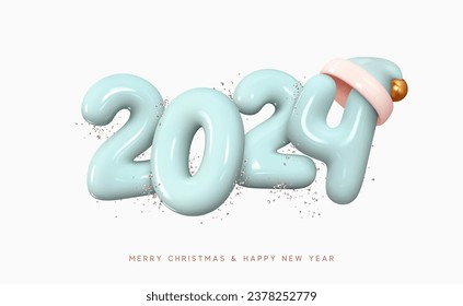 Happy New Year 2024 Number. Symbols realistic cartoon 3d render with blue santa hat. Christmas decoration. Celebrate party sign 2024. Xmas Poster, banner, cover card, brochure, flyer, layout design