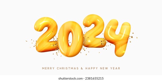 Happy New Year 2024. Number Realistic cartoon 3d render stone marble plastic style texture. Christmas decoration. Celebrate party sign 2024. Xmas Poster, banner, cover card, brochure, flyer design