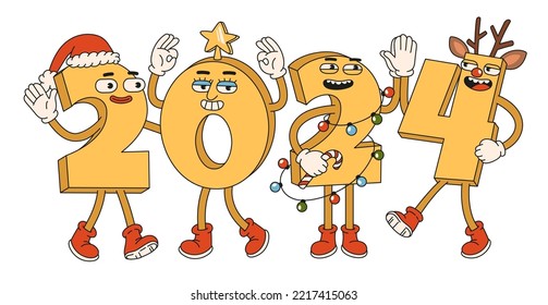 Happy New Year 2024. Numbers 2024 with Santa Claus hat, reindeerdeer antlers, star and garland in trendy retro cartoon style. Christmas background, calendar, greeting card, template, poster, print.