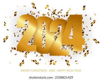 Happy New Year 2024. Numbers 2024 with golden confetti.. Festive Christmas background. .Vector