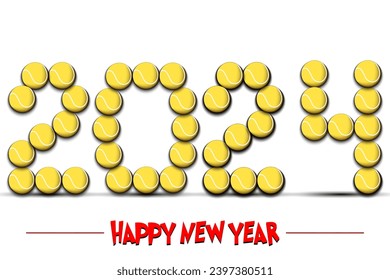 Happy New Year. 2024 numbers made from tennis balls. Design pattern for greeting card, banner, poster, flyer, party invitation, calendar. Vector illustration
