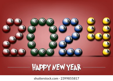 Happy New Year. 2024 numbers made from billiard balls. Design pattern for greeting card, banner, poster, flyer, party invitation, calendar. Vector illustration
