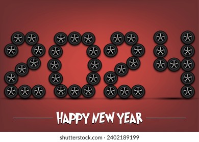 Happy New Year. 2024 numbers made from car wheels. Design pattern for greeting card, banner, poster, flyer, party invitation, calendar. Vector illustration